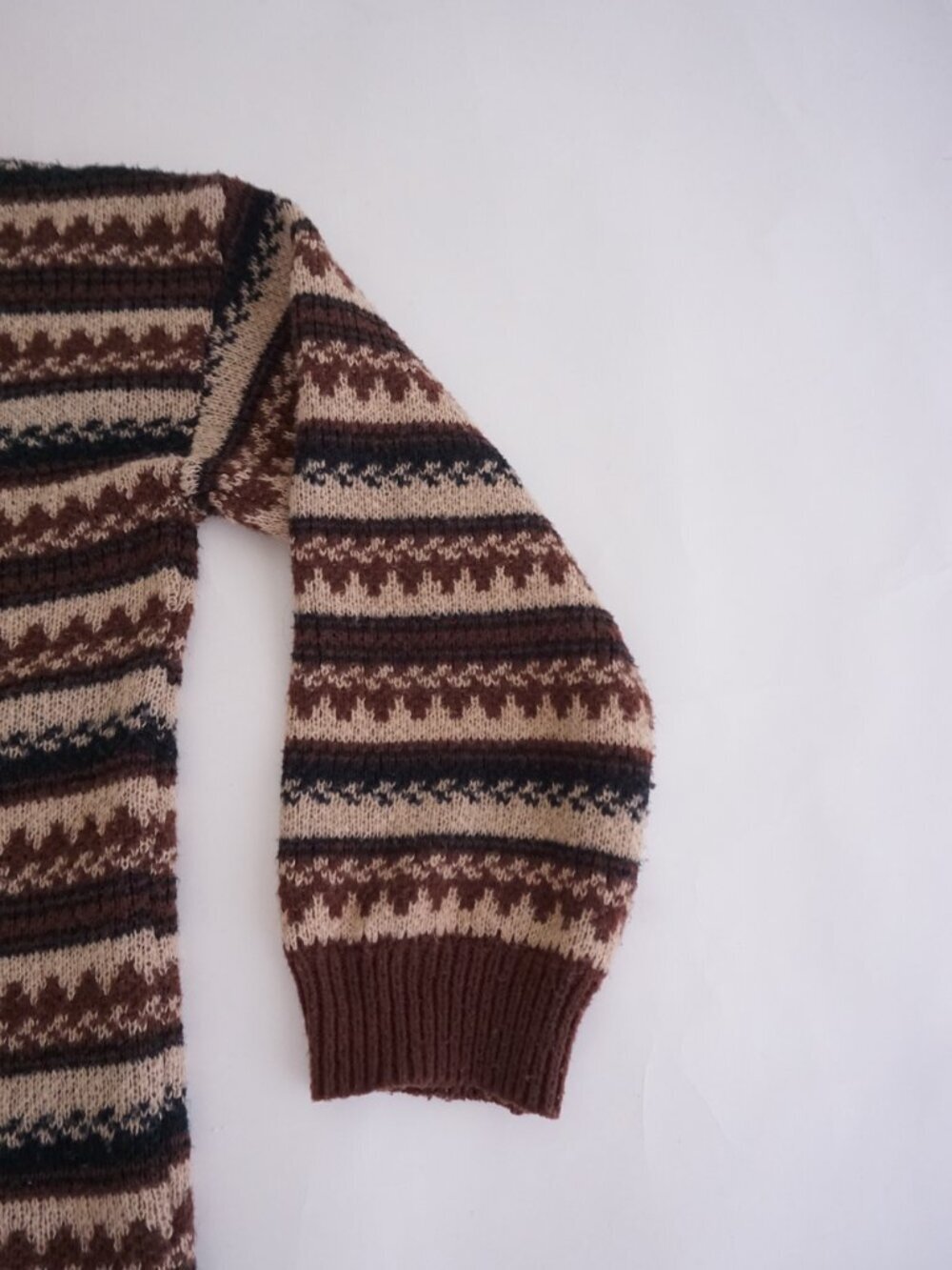 Vintage Brown Cream Nordic Fair Isle Stripe Fisherman Cabin Knit Sweater L - Picture 5 of 10